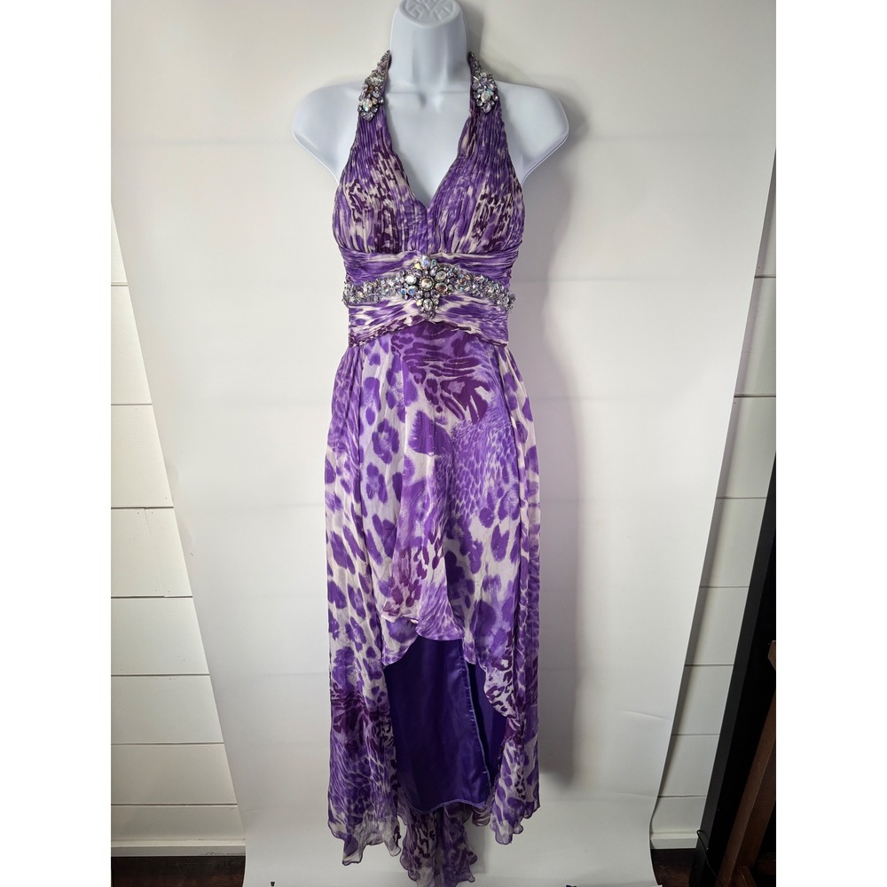 Tony Bowls Gown Women 2 Purple Fair Animal Print Rhinestone High Low Halter